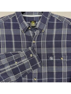 Aigle Mens Large L Plaid Button Down Shirt Long Sleeve Navy Blue 100% Cotton
